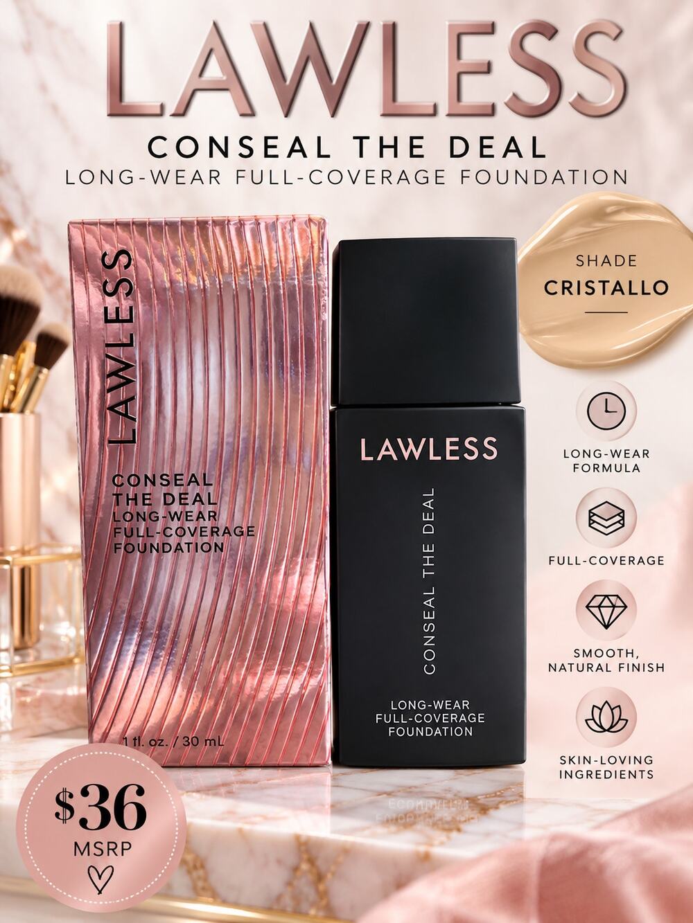 Lawless Conseal The Deal Long-Wear Full-Coverage Foundation in Cristallo NIB